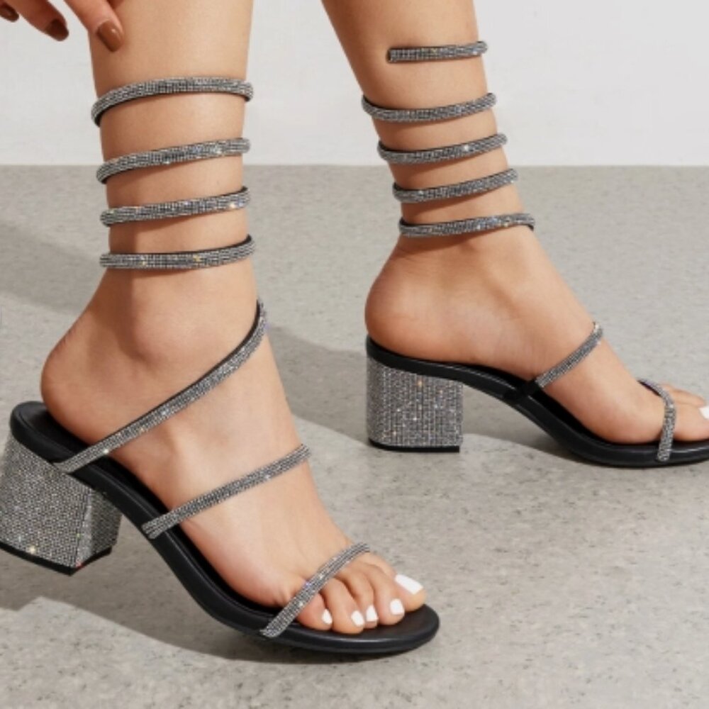 Women Heel Sandals Spiraling Mid Block Heels